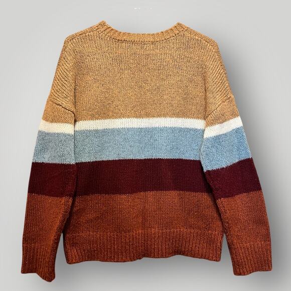 HYFVE Sweater Women’s Size Small Colorblock Crewneck Pullover Tan Rust Burgundy - Picture 2 of 7